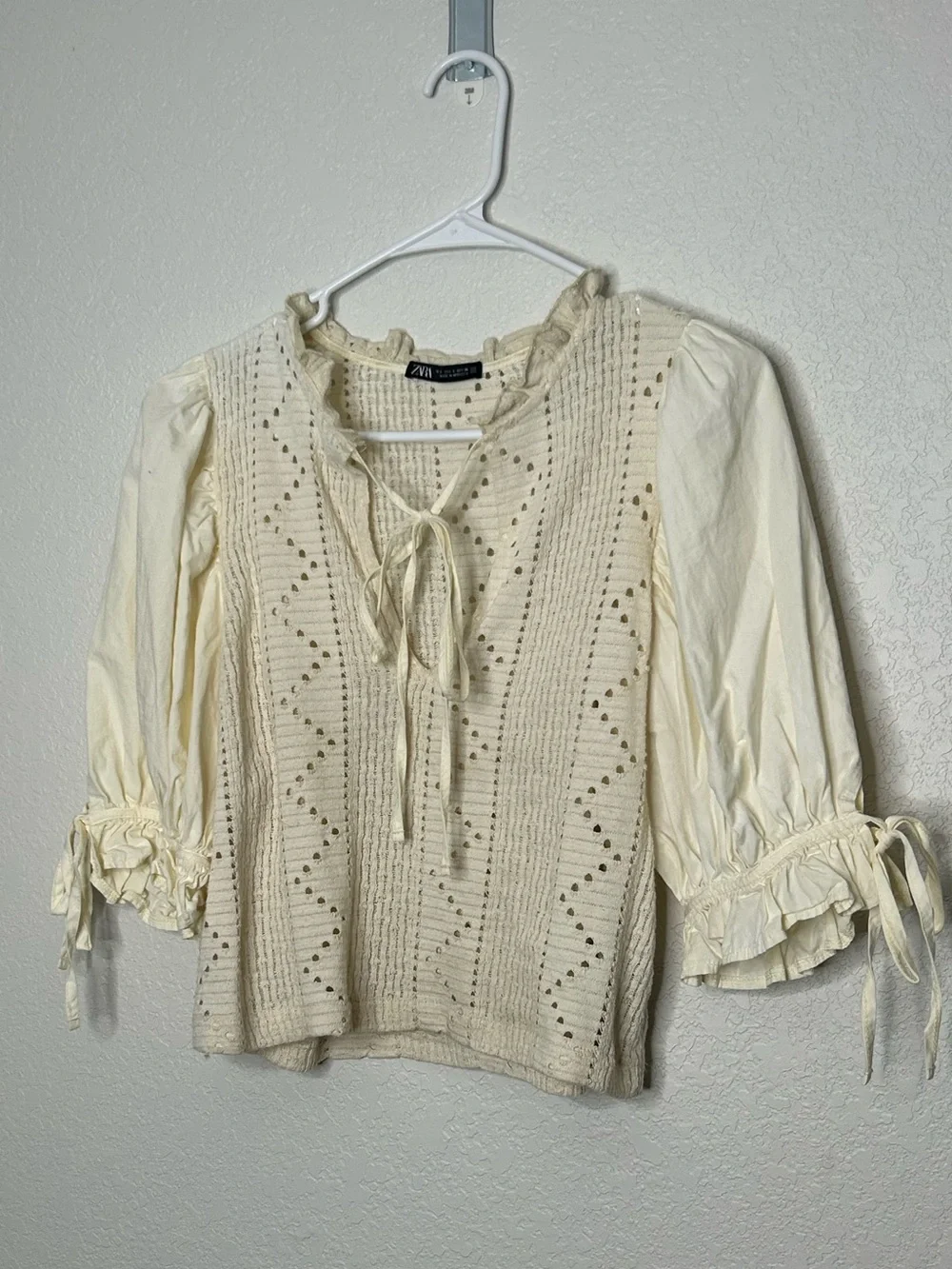Zara Cream Crochet Tie-Front Peasant Blouse
